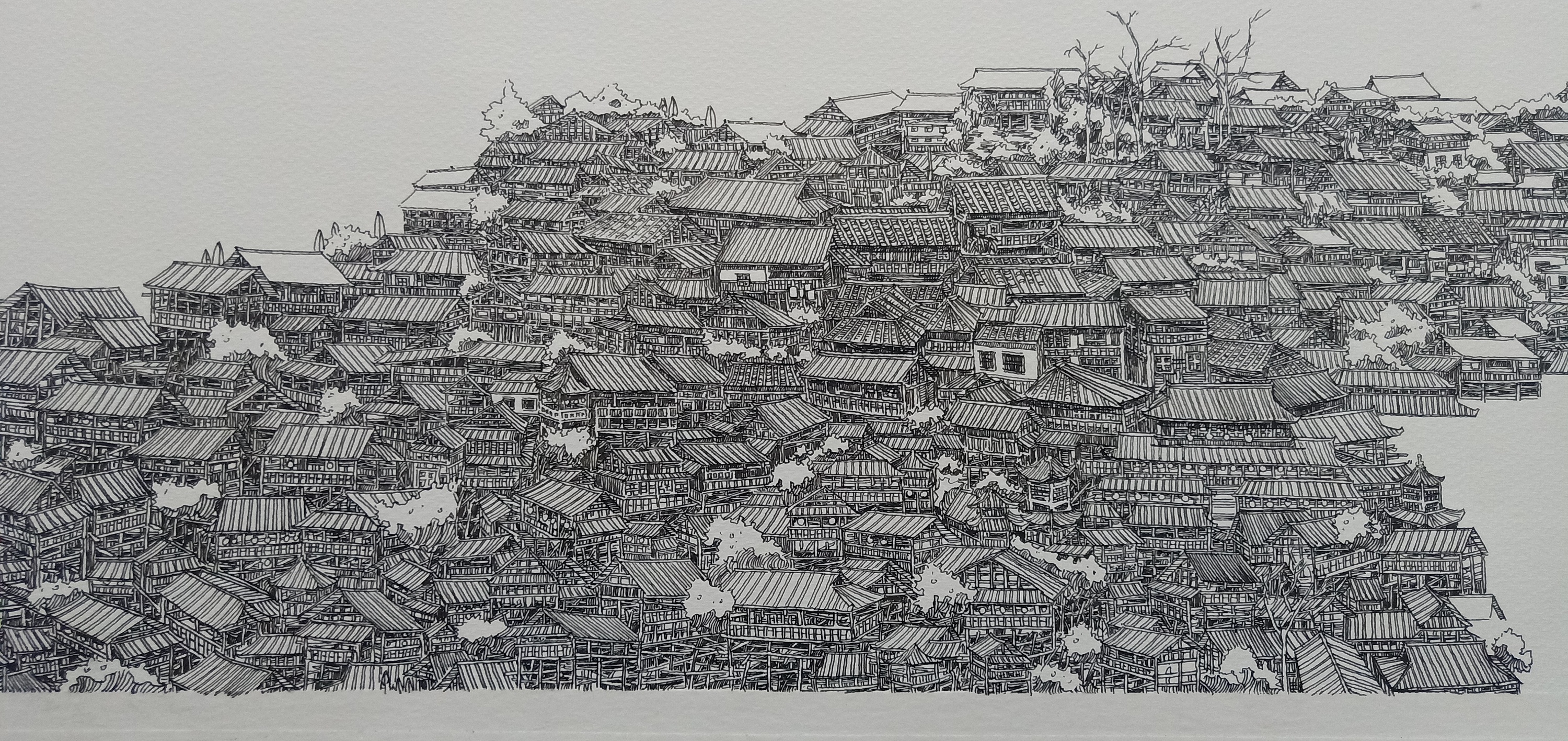 范炯钢笔画手绘表现《千户苗寨》
