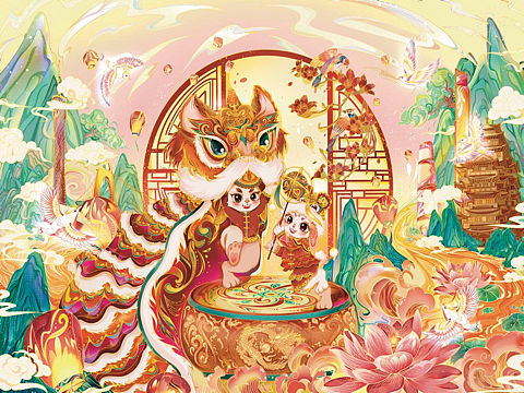 福兔舞狮（兔年插画）