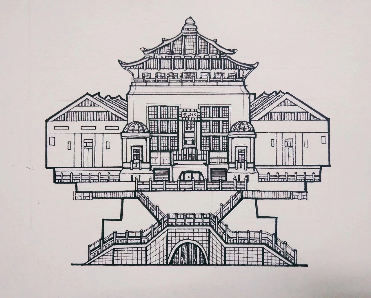 武汉大学经典建筑和武汉建筑黑白线稿
