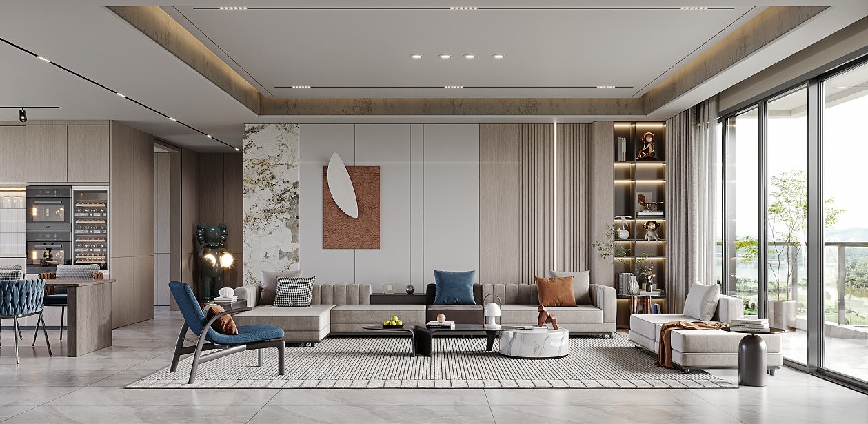 现代客厅全景效果图设计