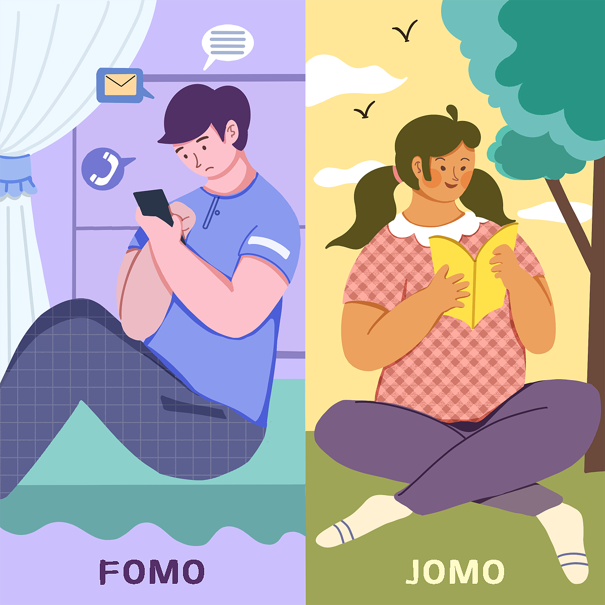 FOMO vs JOMO心情插画