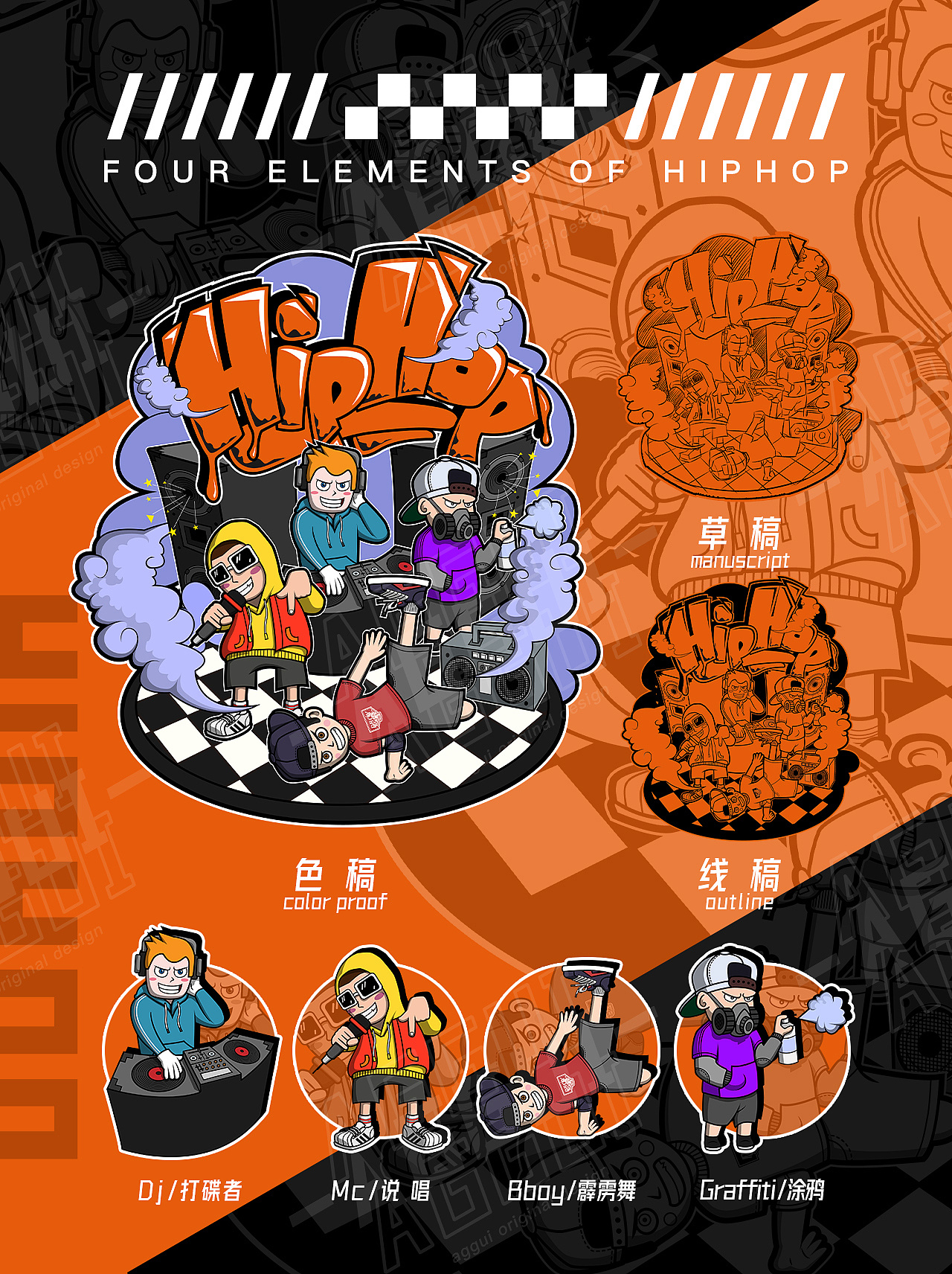嘻哈四大元素/four elements of hiphop|插画|新锐潮流插画|啊个鬼