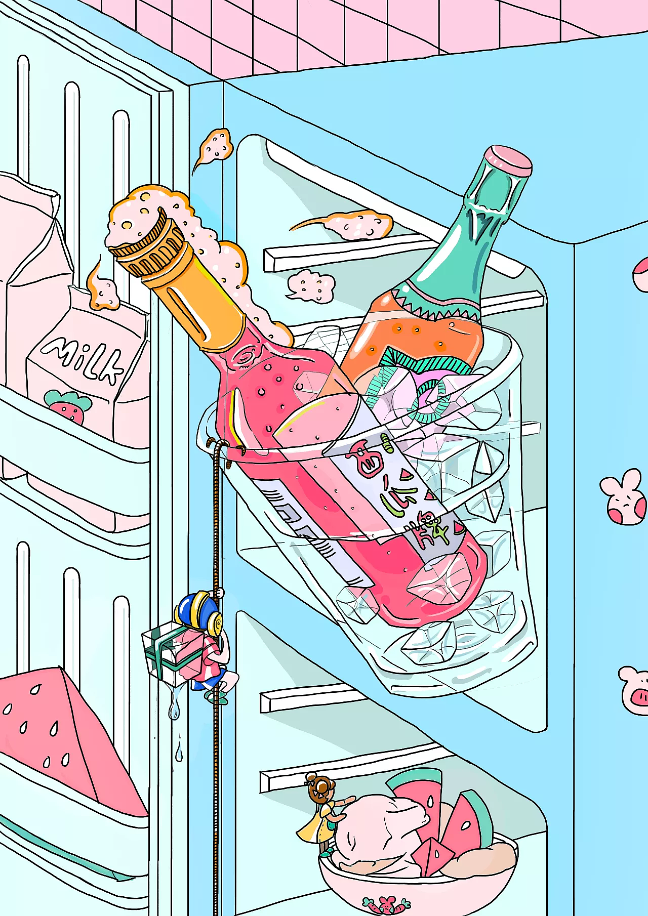 插画/夏天/小人/冰箱/冰镇/凉爽/西瓜/啤酒
