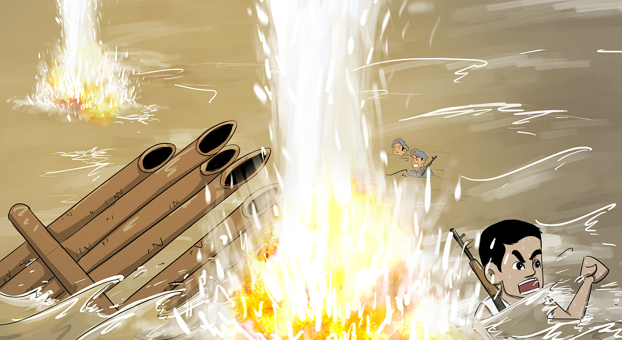 3、指挥员决心继续以竹筏强渡。第一个竹筏撑到中流,受敌火射击翻掉了。虽有八人已登彼岸,但无后续部队无济于事,只得召这八个人游回南岸。其中一个同志赤身冻了两个多小时,因受冷过度,无力游回,泅至中流光荣牺牲。第一次强渡失败了。