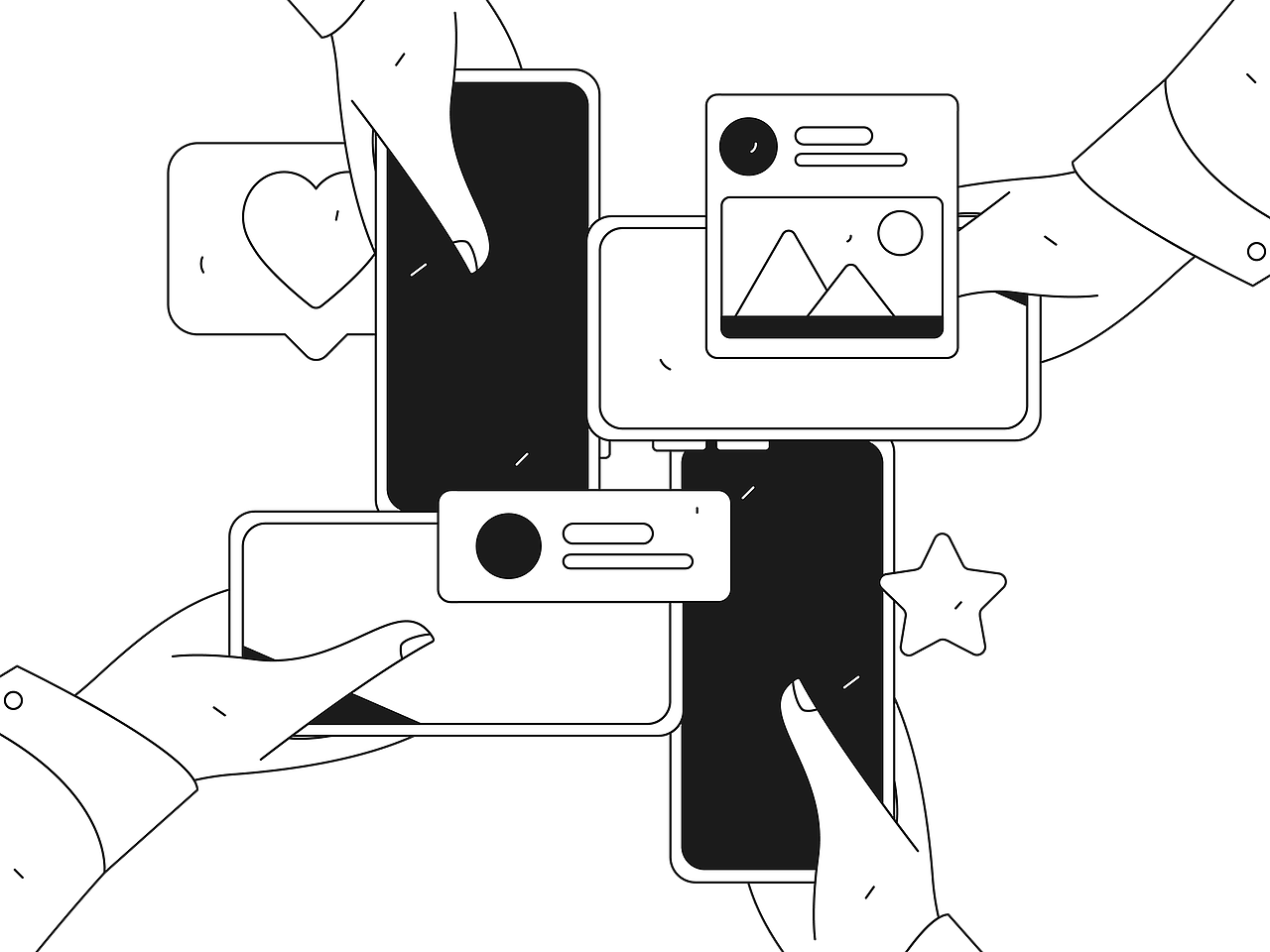 黑白线条风格插画分享-社交&教育