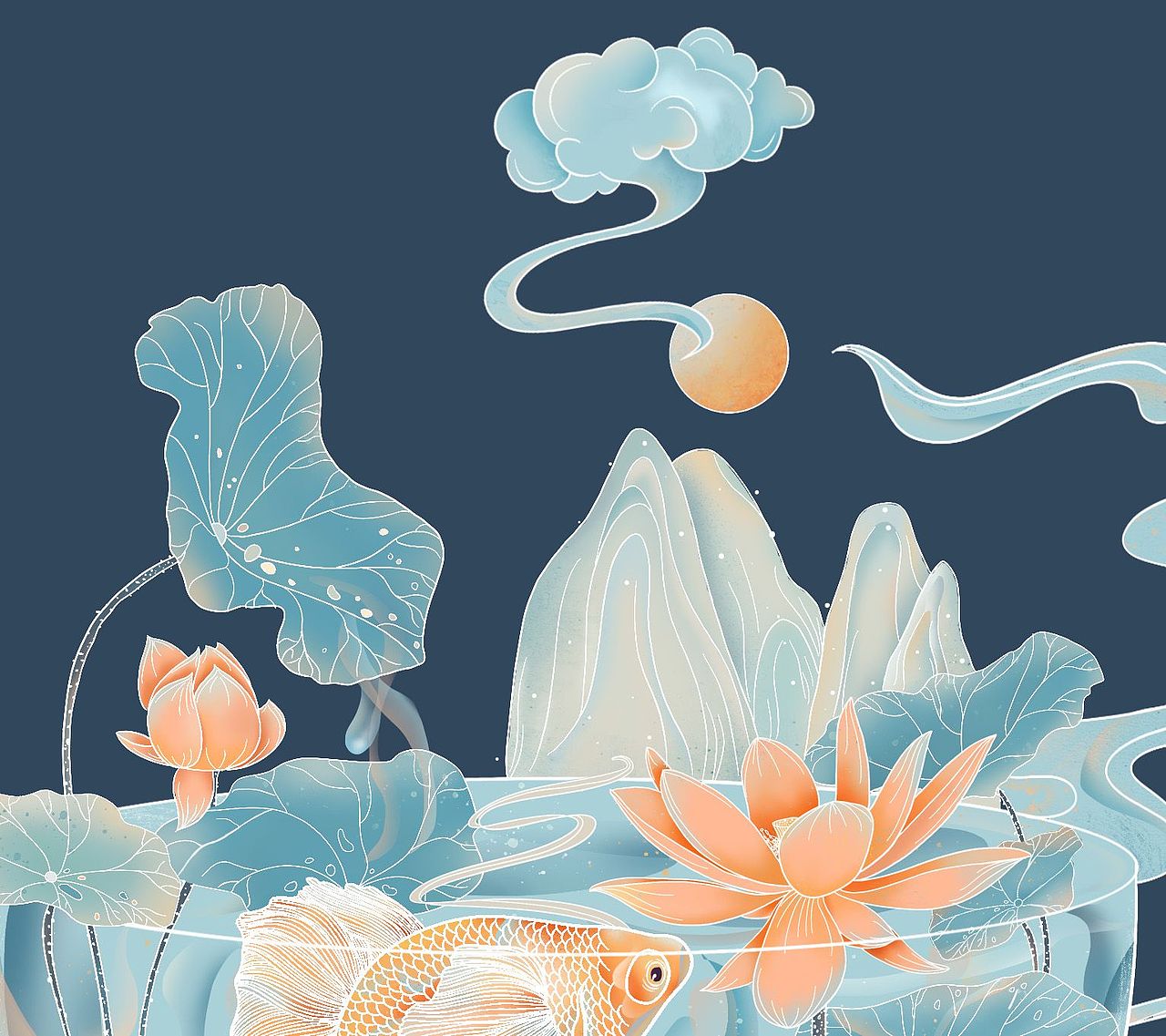 原创国潮插画小场景-锦鲤戏莲