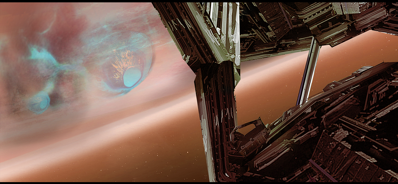 薄如蝉翼的表面遍布根状的脉络,且有节奏的跳动着,表面则由透明澄澈的液体层包裹。靠近时,可以听到其星体中的液体流转时发出的巨大轰鸣,如同在无法见底的深海中沉潜时,那发闷的、沉寂的水流回声。而当它体内的巨影一掠而过时,没有人知道它的里面藏着什么。
随着赭星的光暗变化逐渐变得不规律,莫非它就是......