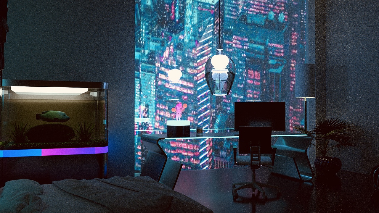 赛博朋克房间场景渲染