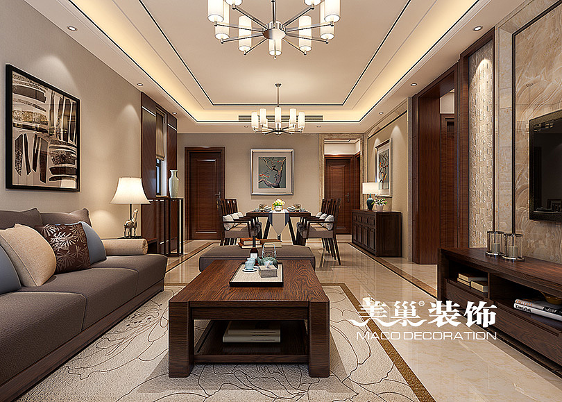 壹号城邦150平三室两厅新中式装修案例——效果图