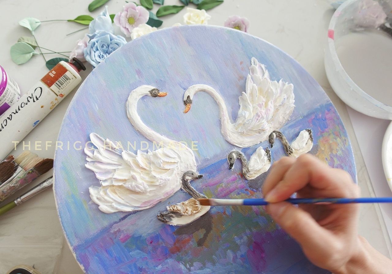 【粘土刮刀画】立体画天鹅湖