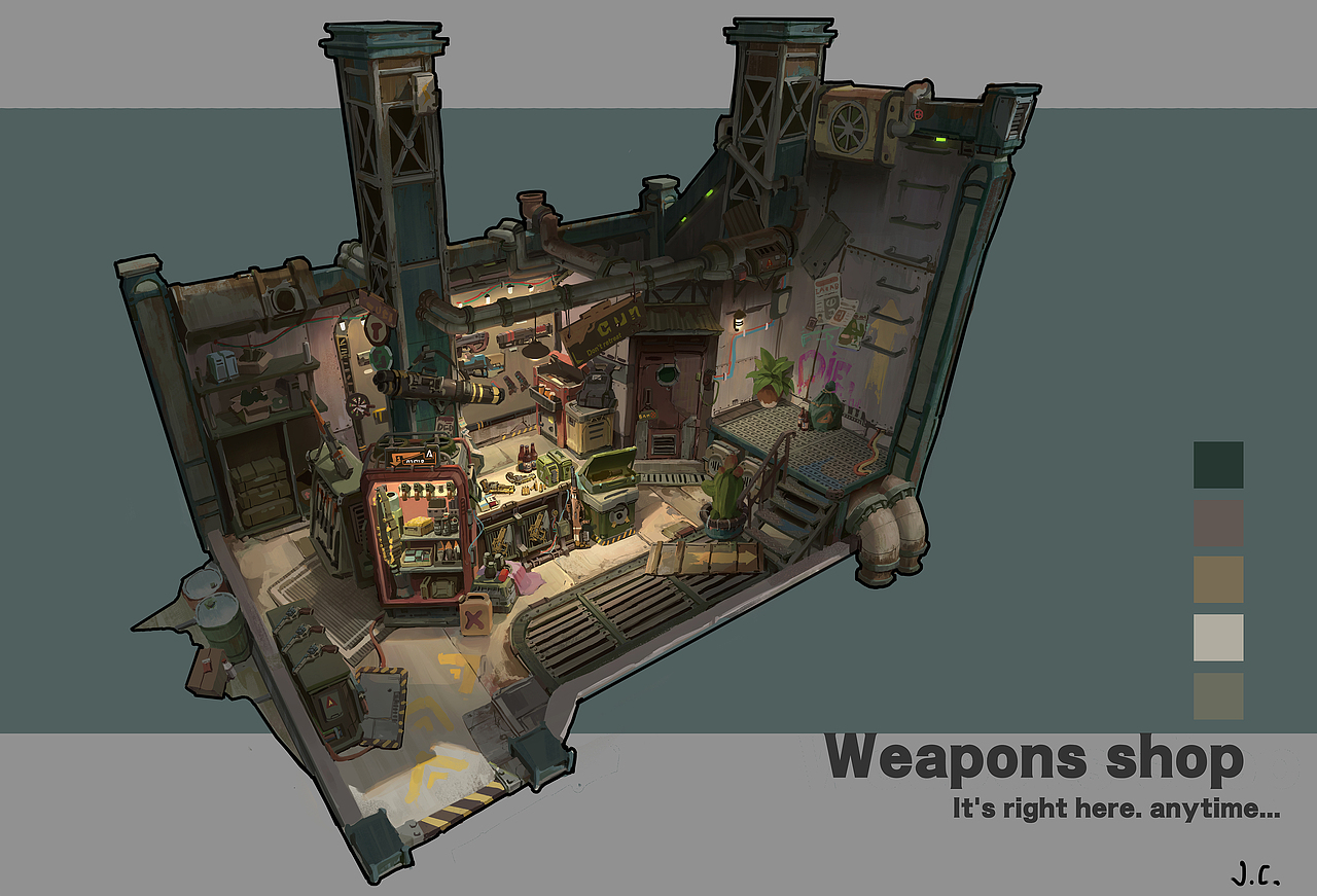 艺数绘研修场景助理讲师陈克凡新图《武器店》|插画|游戏原画|艺数绘