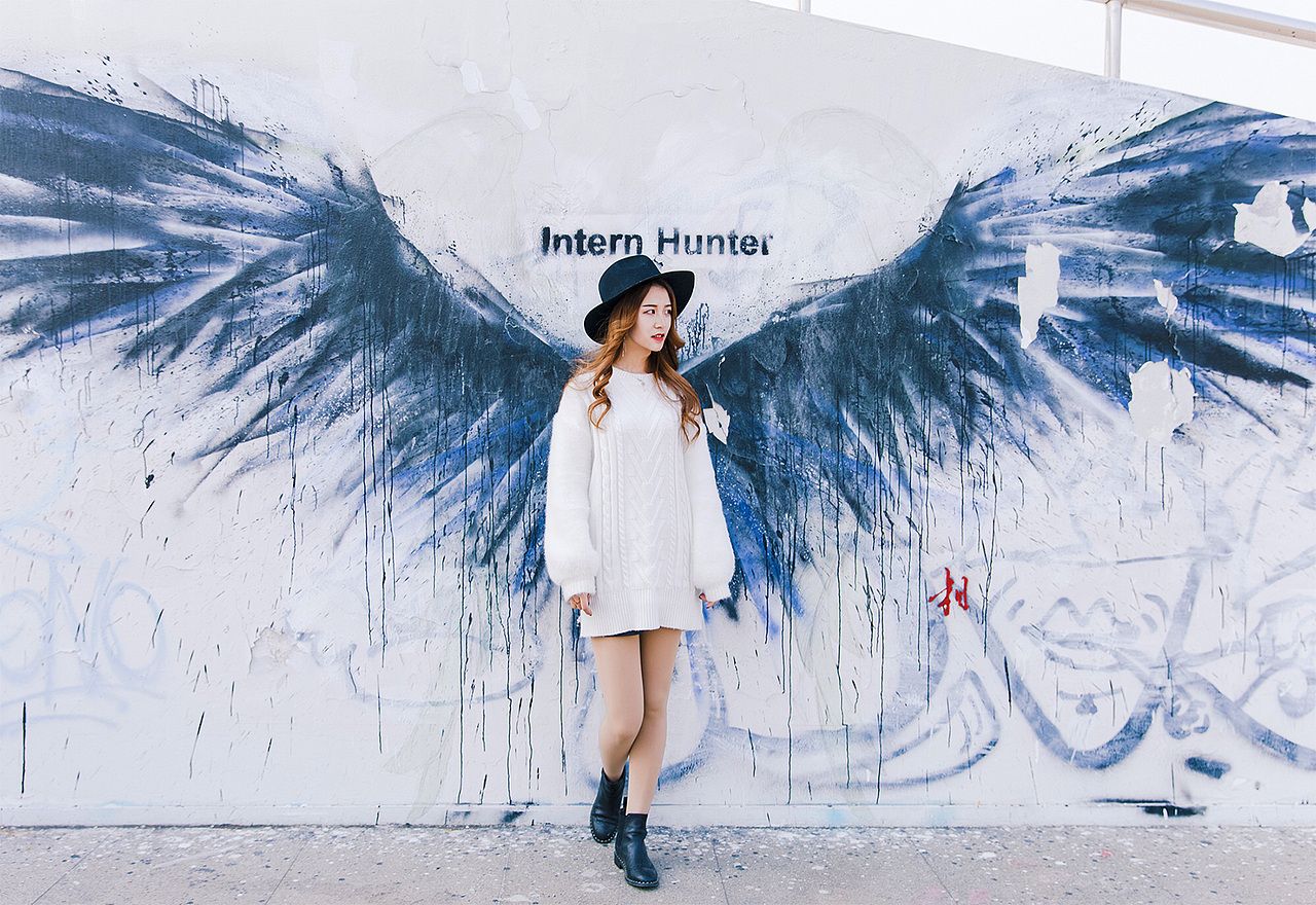 上海大学人像摄影/日系美女天台楼顶白色毛衣