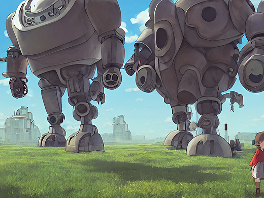 #站酷梦笔#蓝天草地巨大的蒸汽机器人和小女孩，吉卜力