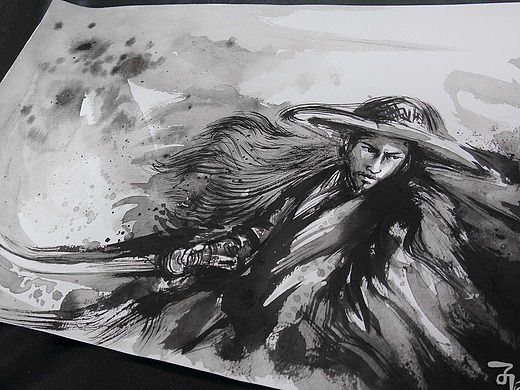 长沙子沐刺青纹身毛笔水墨中国风手稿侠客蓑衣刺客