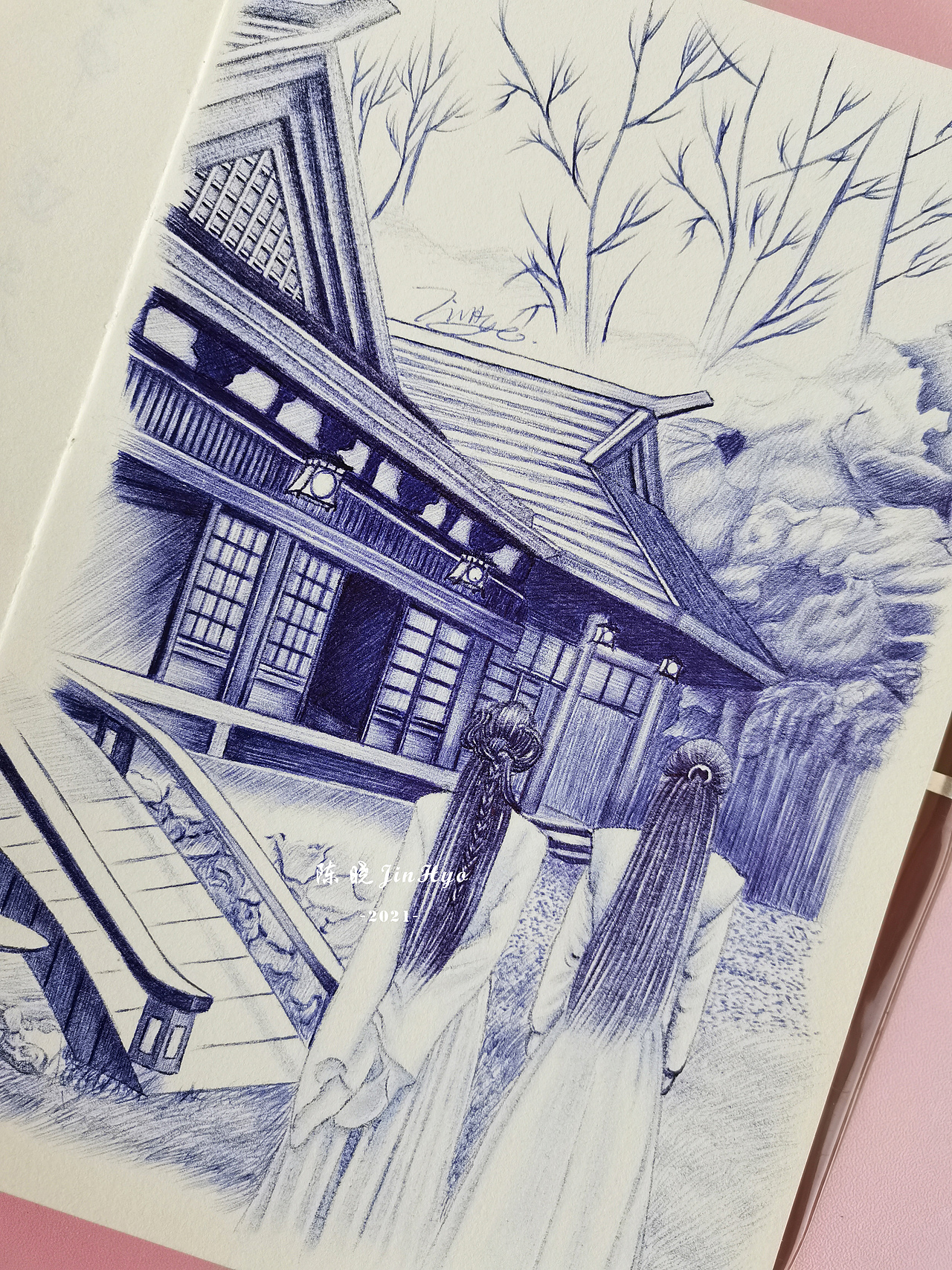 圆珠笔手绘《卿卿我心》插画