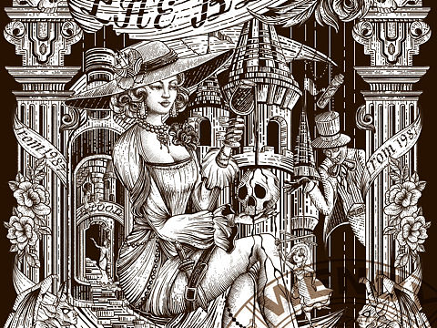 钢笔版画风格\插画\红酒包装\吸血鬼