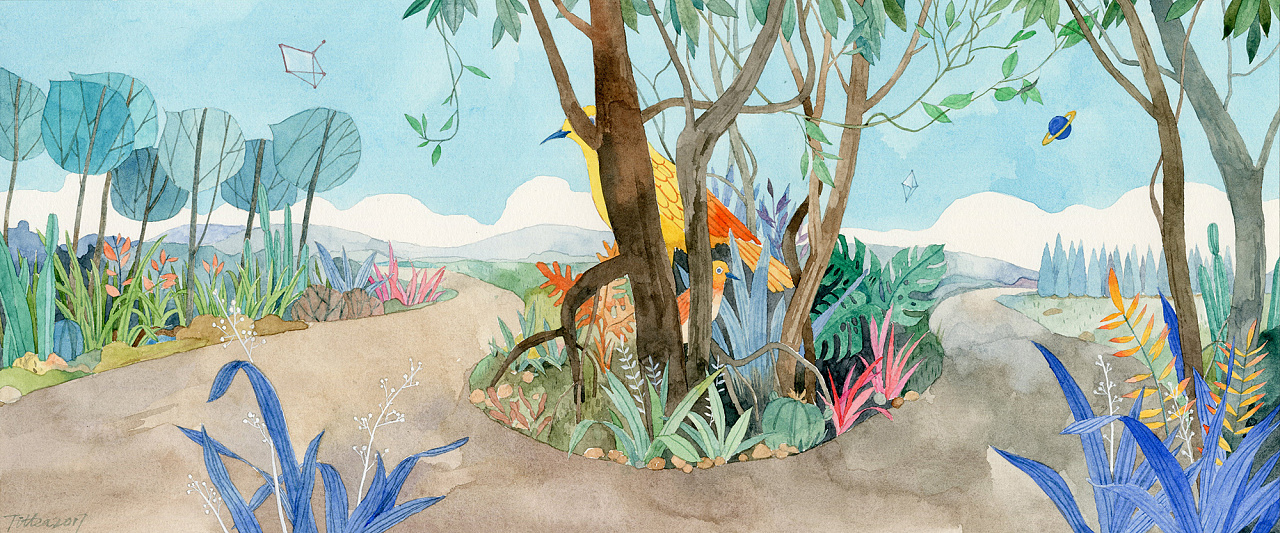 水彩插画分岔路