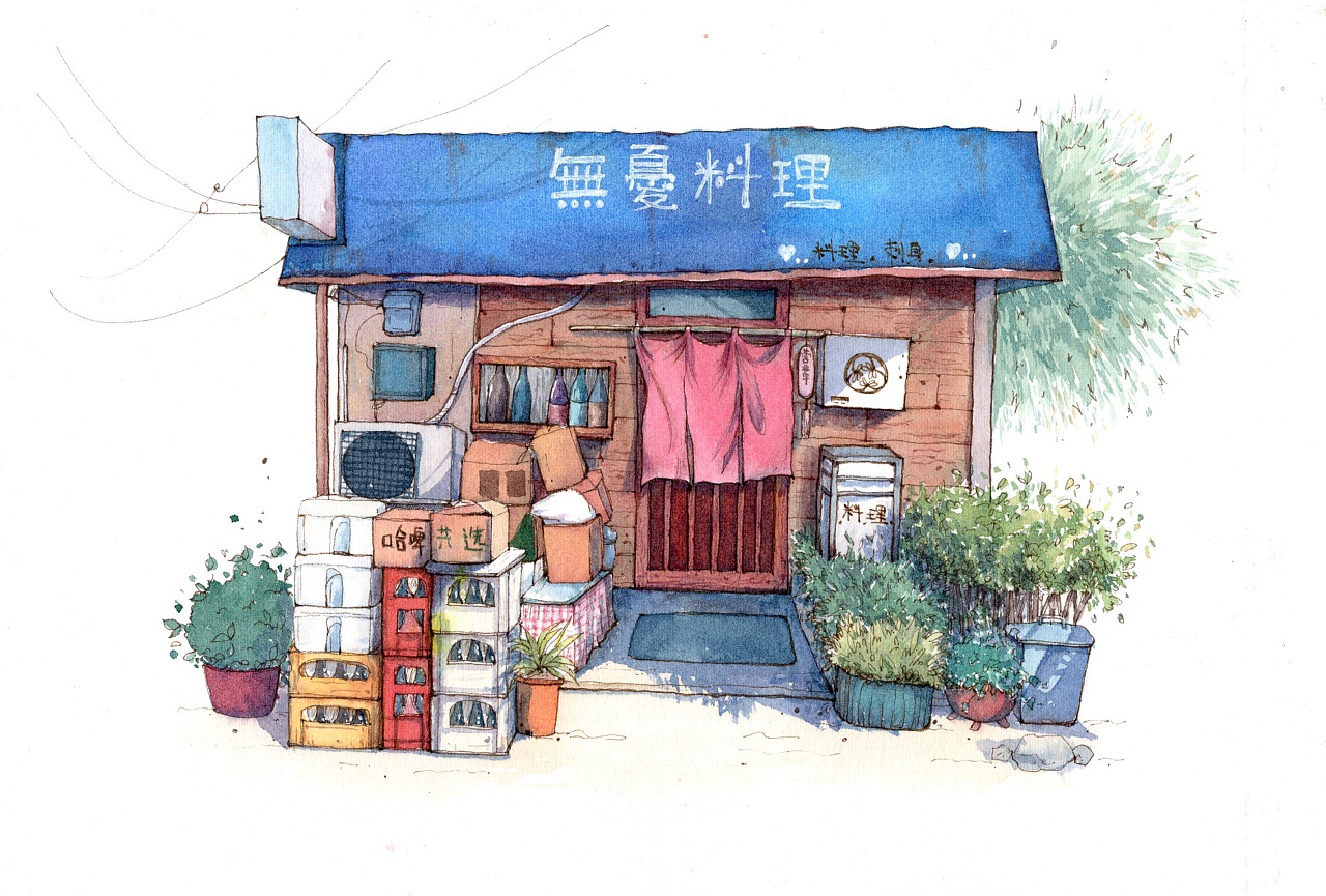 水彩手绘日本小店