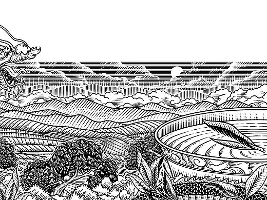 龙行茶园 盖碗茶树 版画插画手绘