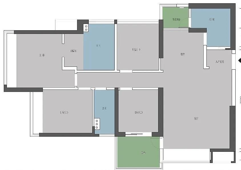 原始结构图 户型特点: 1.主卧卫生间过大,与衣帽间及睡眠区比例失衡。 2.厨房面积太小,生活阳台的门打断了厨房的动线。 3.玄关可做鞋柜的面积小且深度不够,收纳不足。