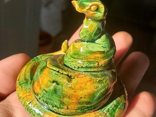 手捏陶艺三彩蛇摆件茶宠