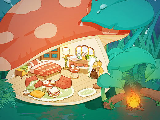 插画丨幻想房子丨森林中的蘑菇小屋