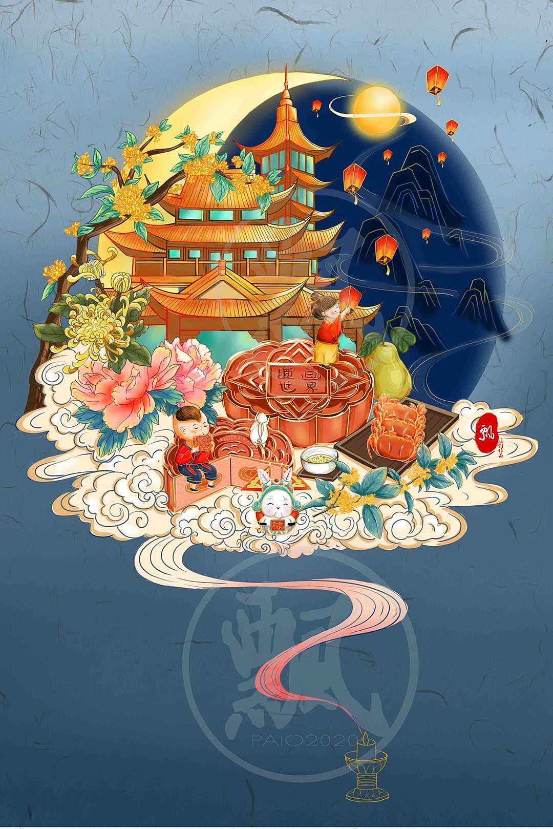 2020年中国风中秋包装插画（图ZMjIwODEzMTMy） - 商业插画 - 站酷设计师飘小七原创素材 - 站酷ZCOOL