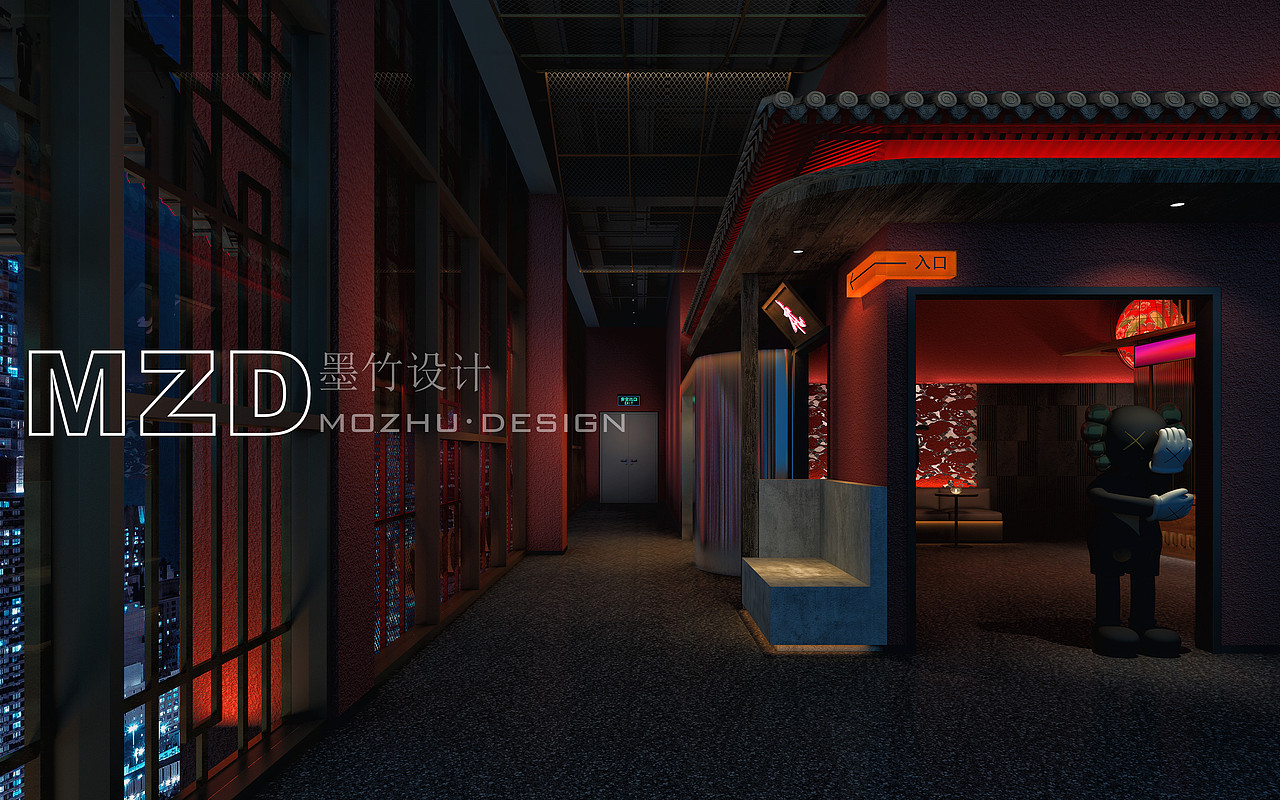 RECEPTION前厅区域设计理念
<br>前厅以及过道作为人流最大的空间一定要突出亮点，给人强烈的第一映像，植入记忆点。所以整体采用红色为主植入传统和现代的元素。 灯笼加亚克力， 屋檐加不锈钢，给人一种强烈的对比感。