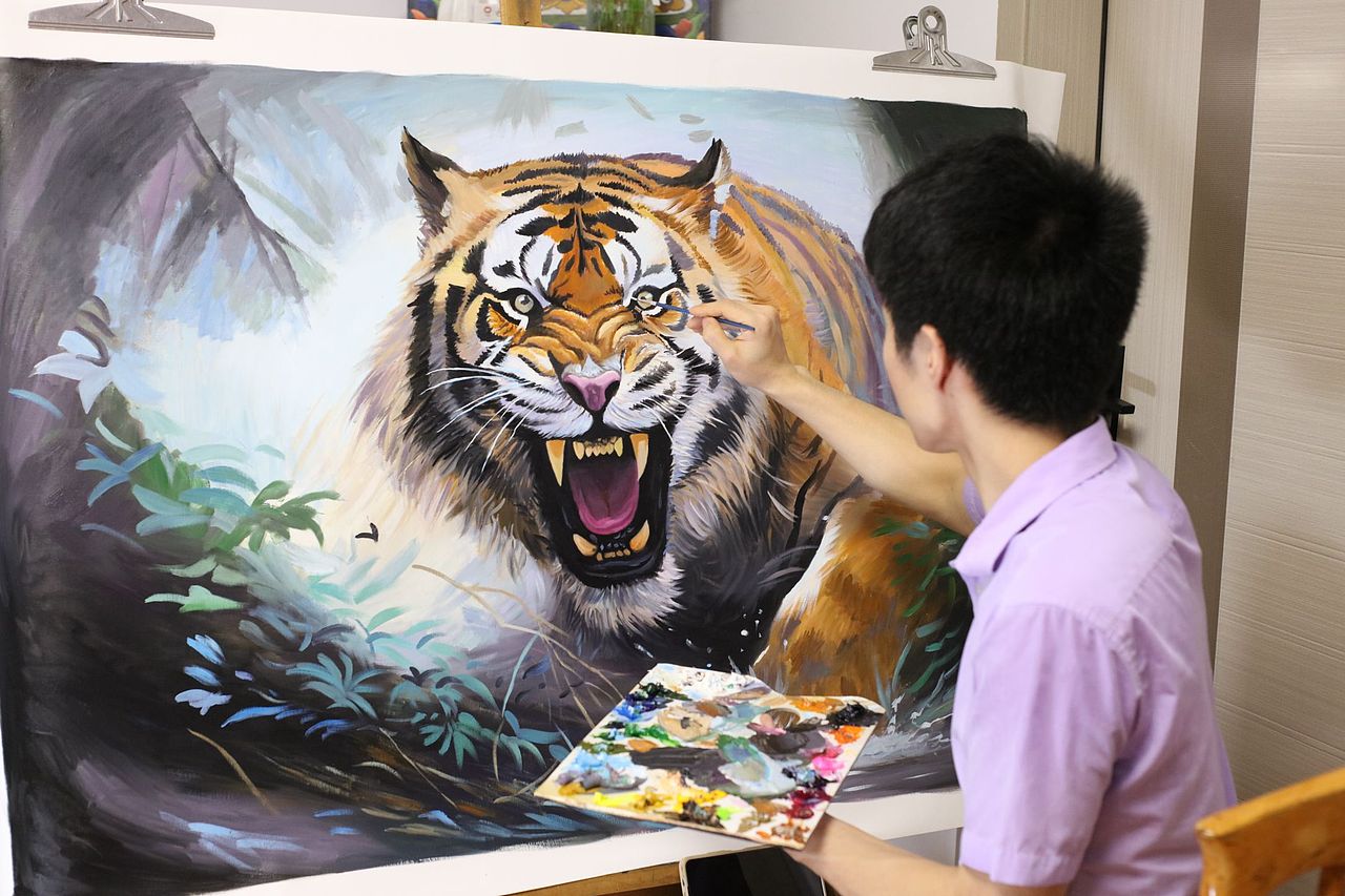 油画猛虎下山【兔子凌风作品】