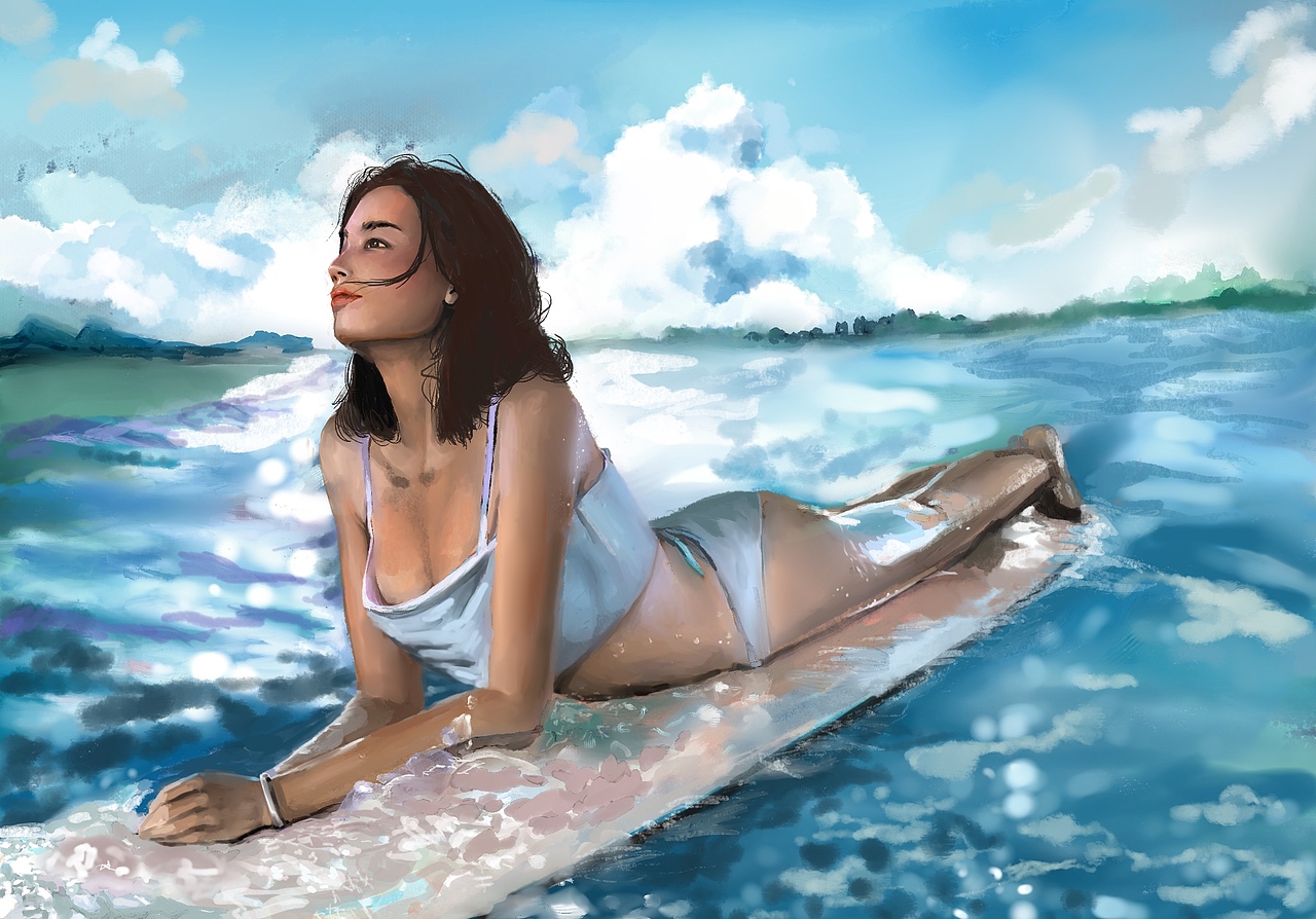 夏日限定｜冲浪的女孩厚涂（图ZMzA4OTQ3NTgw） - 创作习作 - 站酷设计师包子开花原创素材 - 站酷ZCOOL