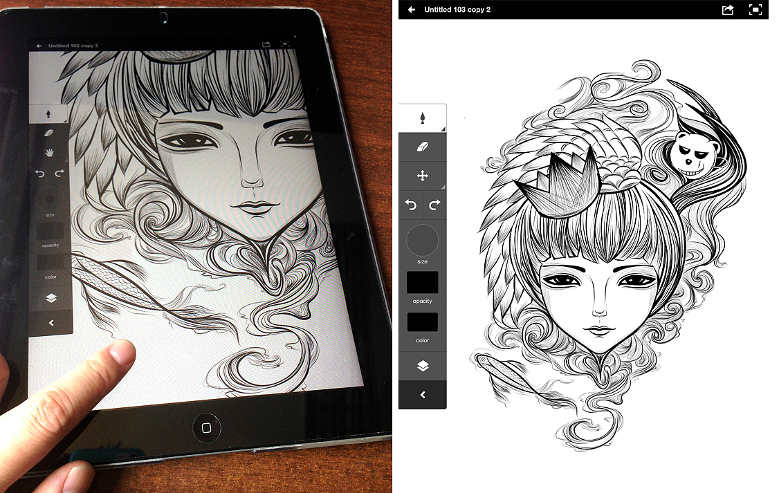 勾线是用iPAD里的一个软件,用手指完成的,很方便,线条导入PC里是矢量的线条。很好的软件。