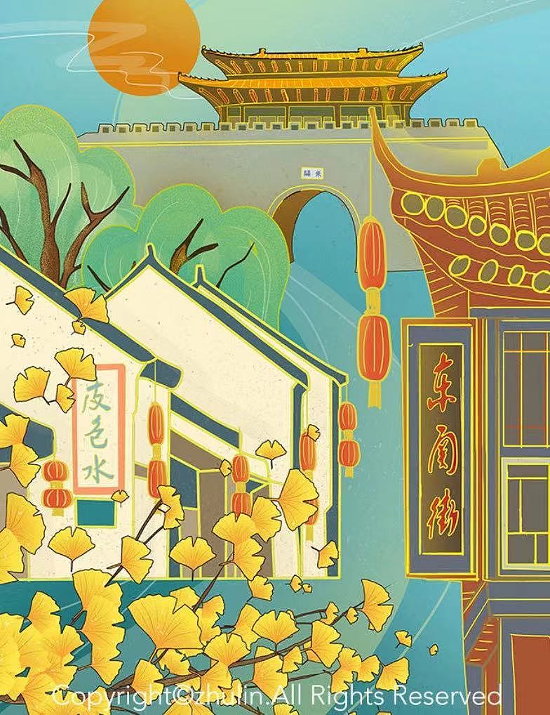 扬州瘦西湖五亭桥东关街万福大桥国潮风建筑插画