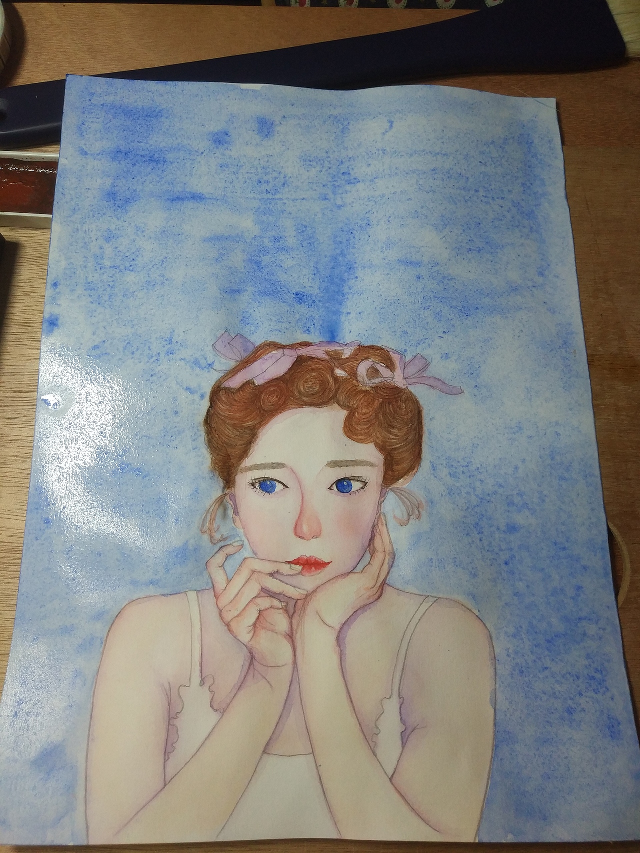 忧郁少女水彩上色步骤图