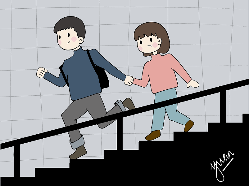 我们走在地铁的楼梯时就听到地铁快要关门的滴滴声,我跟傻宝说应该赶