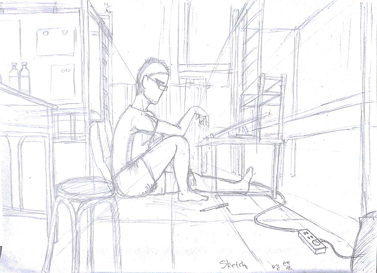 医院宿舍,自己一个人的,考虑了基本的一点透视和前中后的层次,只画了