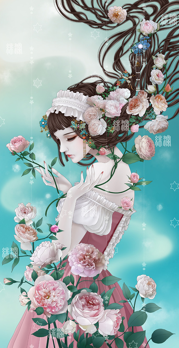 花仙子系列:粉玫瑰花中的女孩