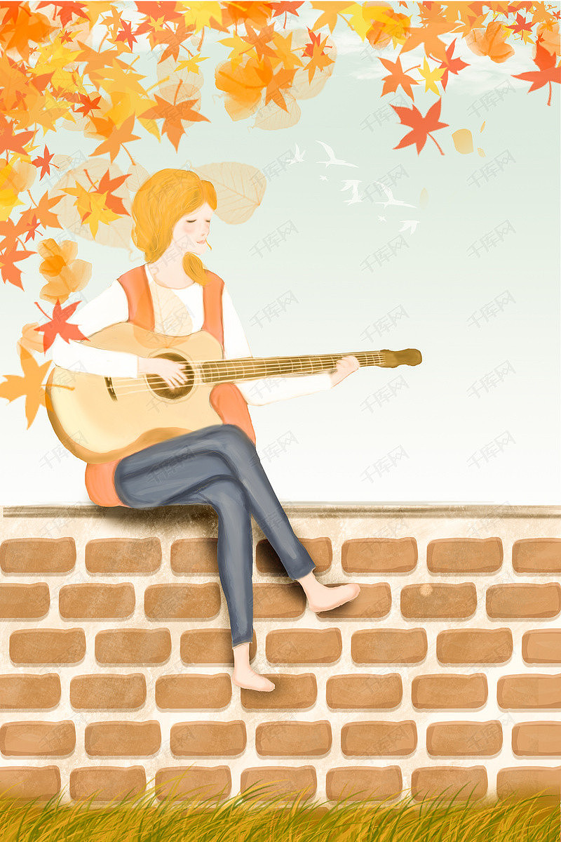 秋分吉他女孩插画（图ZMTE5OTcwOTEy） - 商业插画 - 站酷设计师摩羯克女王原创素材 - 站酷ZCOOL