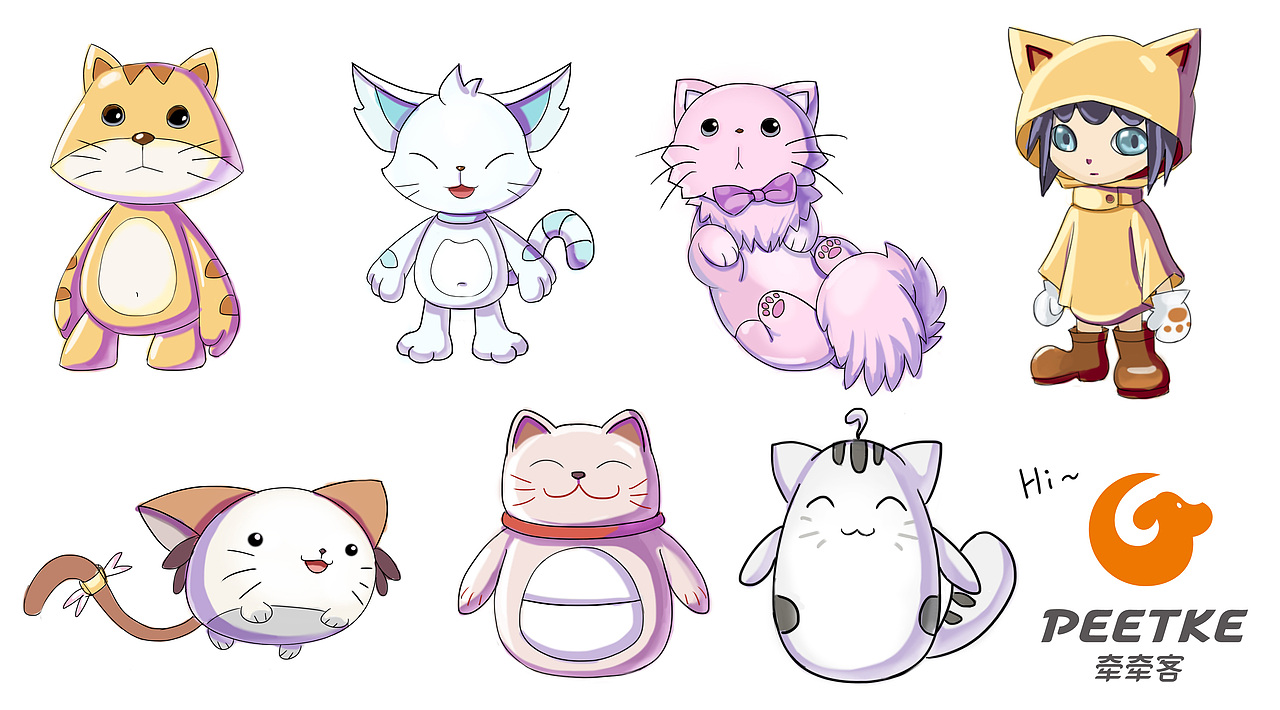 这一套以猫咪为主题元素,通过拟人,q版,夸张的表现形式做成毛绒玩具