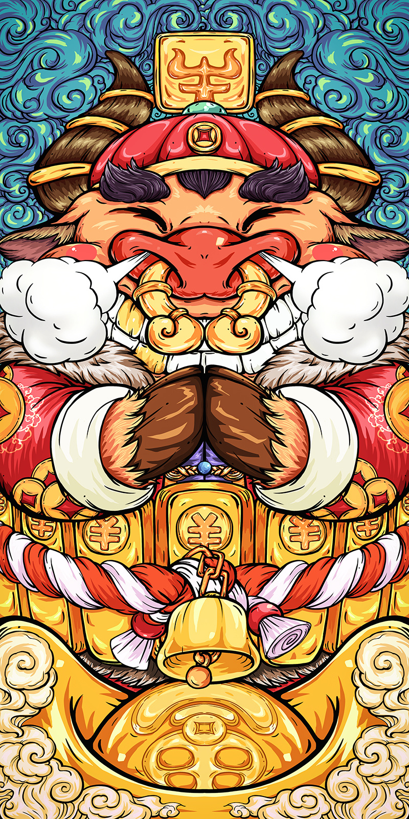 牛年腰缠万贯手机壁纸背景插画