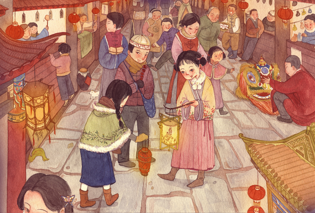 新年春节中国风古代生活插画图片-千库网