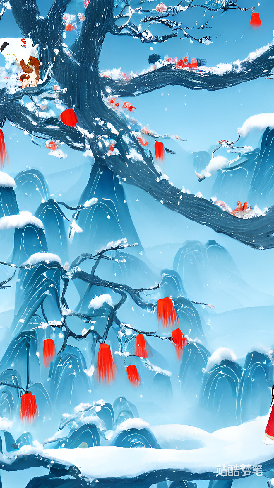 #站酷梦笔#冰雪银杏树系列国风插画