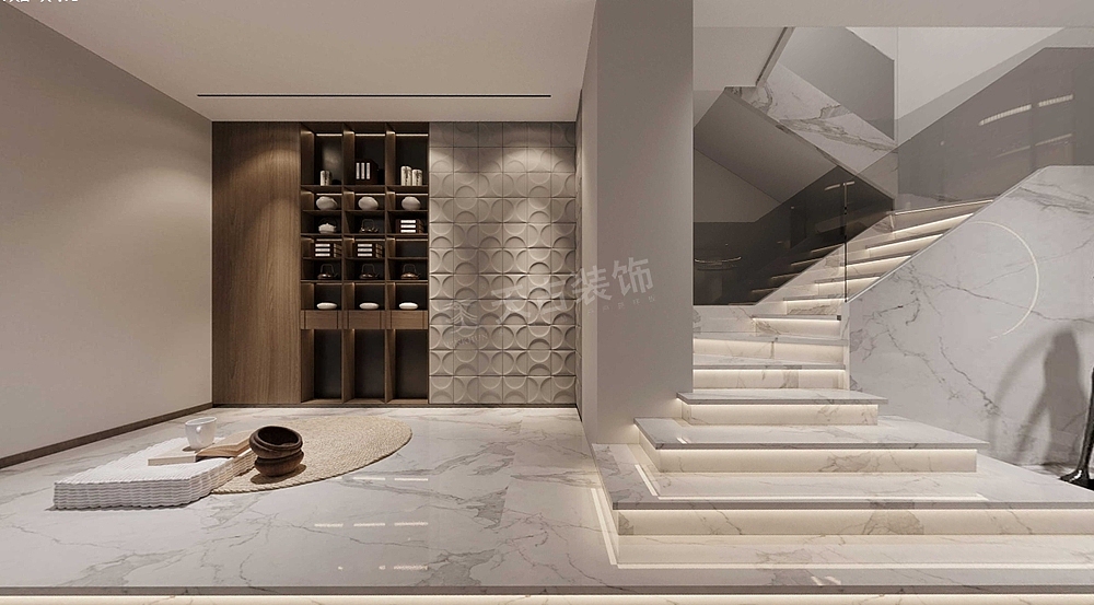 灰色地毯、沙发有着考究的装饰效果,深色和灰色沙发营造都市感氛围,整体优雅简约。