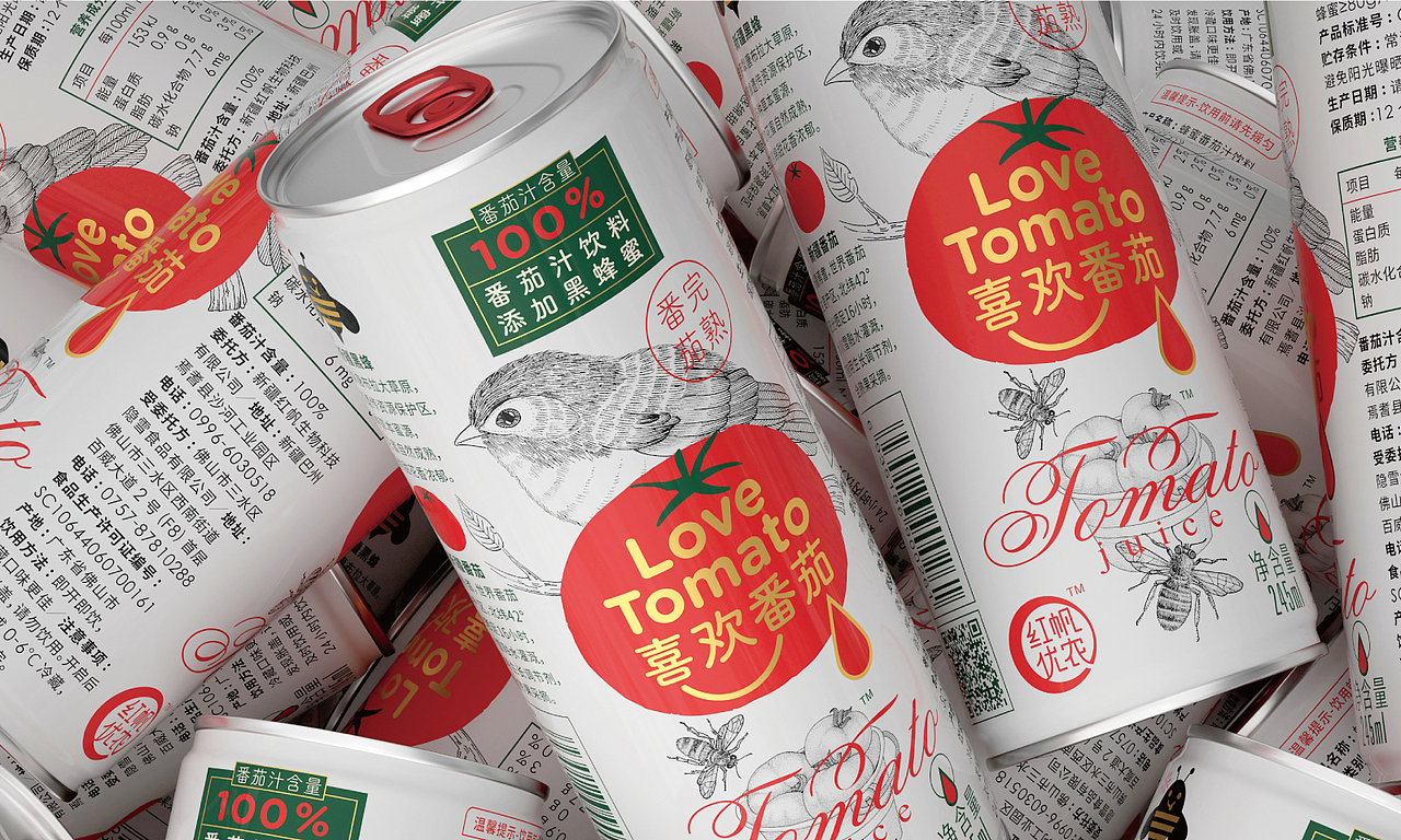 <br>「喜欢番茄」<br>喜欢番茄是新疆红帆优农与麦禾广告2018共同研发的一款健康饮品。<br>新疆红帆是专业化生产各种天然提取物的高新技术企业,是目前为止国内最大、世界第二的天然番茄红素的生产厂家。<br>依托红帆的强大技术和麦禾多年的品牌包装经验,喜欢番茄一经上线,就收到了无数消费者的喜爱与好评。<br><br>服务项目:品牌设计、品牌文案创意、产品包装设计、品牌营销战略<br><br>Love Tomato<br>Love Tomato is a tomato-based beverage developed by MDC and TomatoRed in 2018.<br>Service Item: Branding, Copywriting, Packaging Design, Marketing Strategy<br><br>