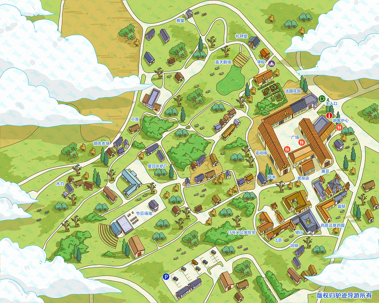 各种地形的卡通手绘地图