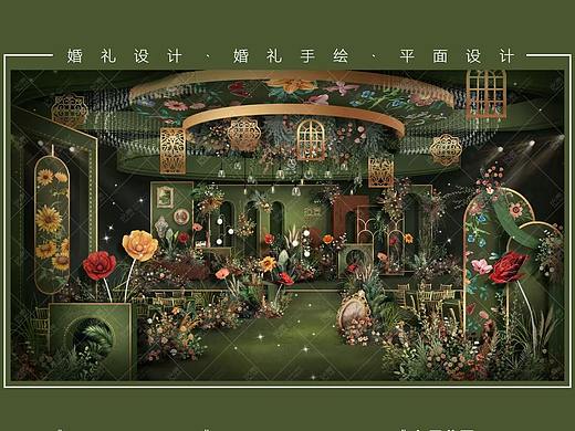 【拾壹婚礼手绘】绿色复古GUCCI风森系婚礼效果图