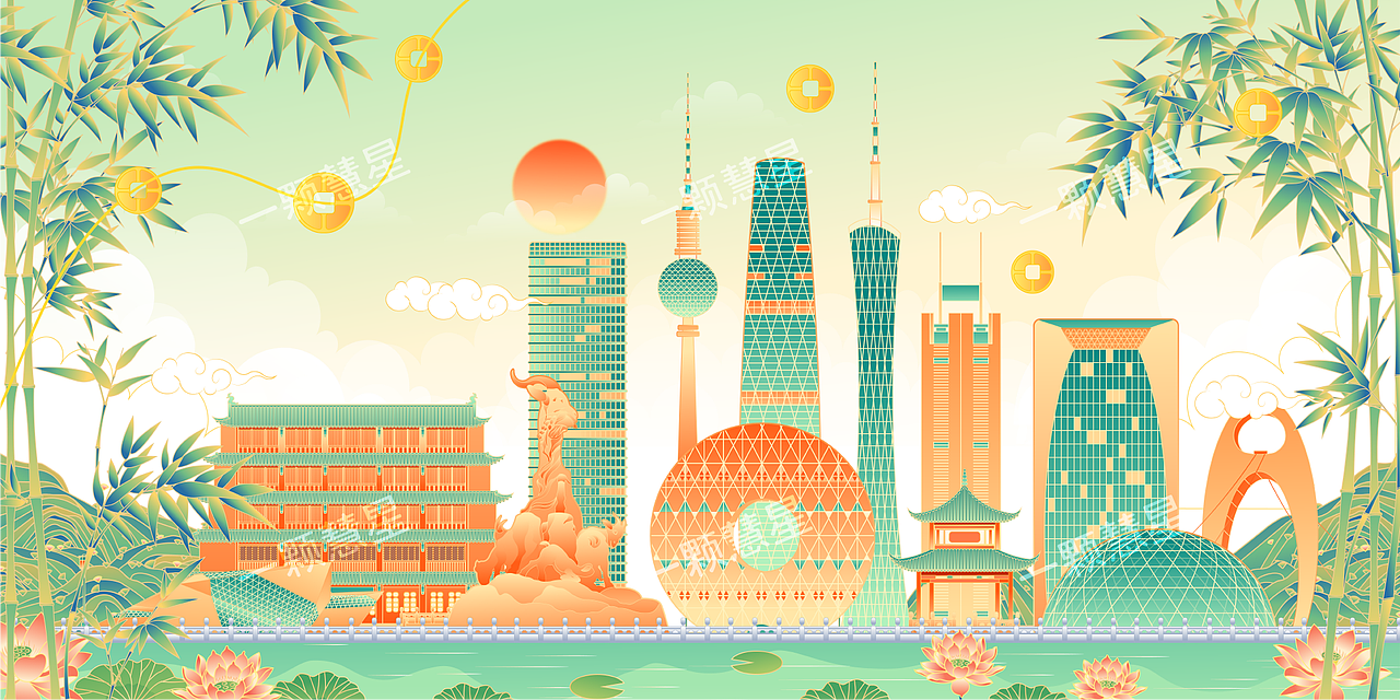 中国一线城市地标建筑矢量插画