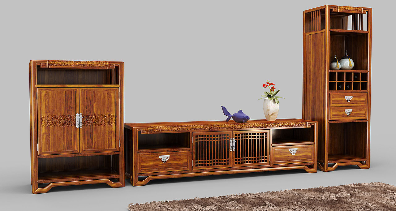 云卧厅柜是由(高柜酒柜、电视柜和小储物柜组合而成),非常实用,可拆放,可 组装,每件单品都可以独立使用。
2侧面点缀卷草纹、回纹、罗锅枨元素点缀使得产品富有动感。<br>3云卧厅柜高柜:融入酒架(酒架能够自由收放),柜体的层格设计错落有序,打破 传统局限设计<br>4云卧厅柜电视柜:电视柜设计虚实相接,柜门融入窗棂元素,中和了产品的厚重感。<br>5云卧厅柜矮柜:矮柜的搭配无疑是画龙点睛之笔,组合更有层次感步步高升,单独 使用可以作为茶水柜等