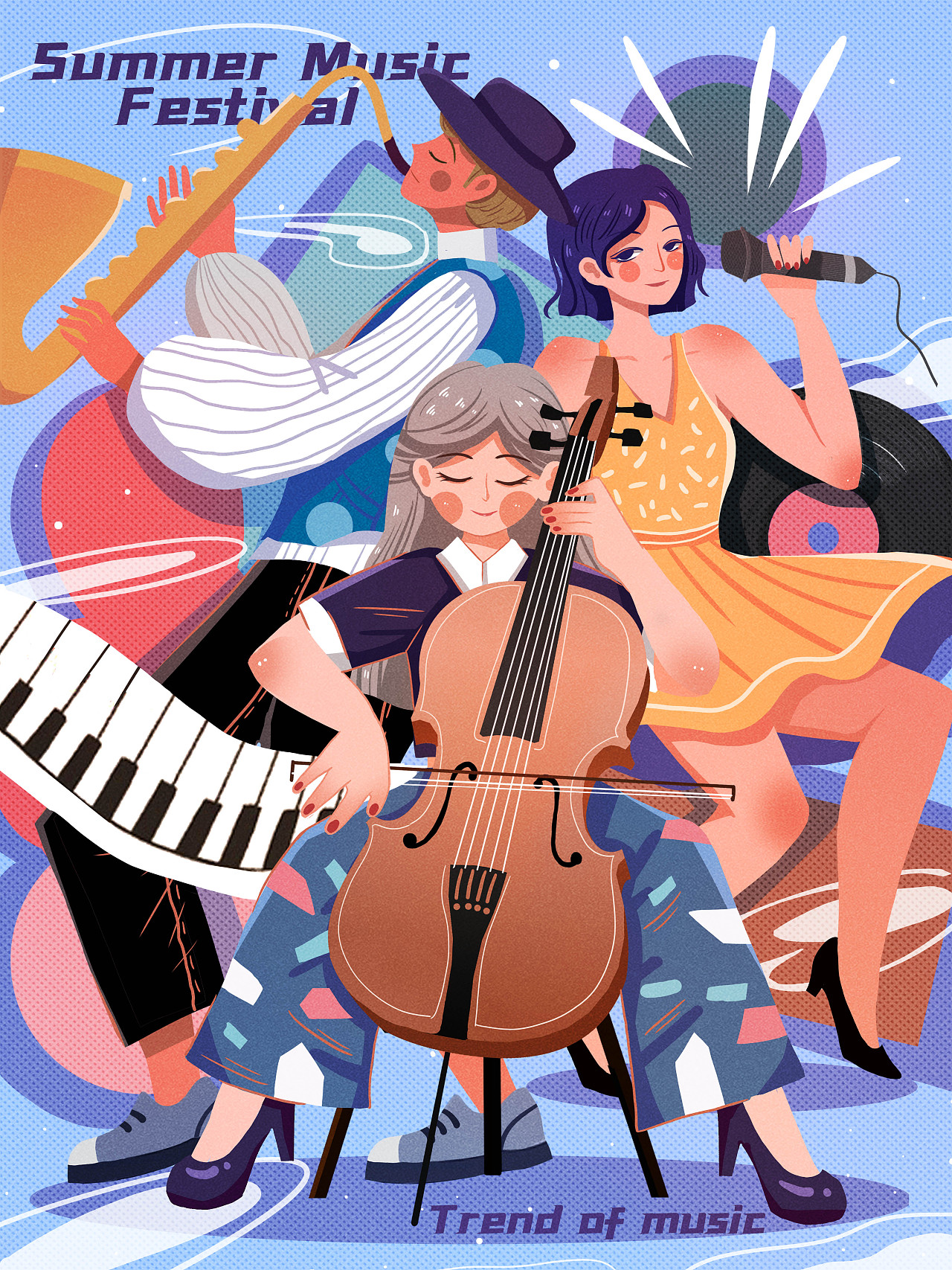 扁平风音乐乐队青年插画