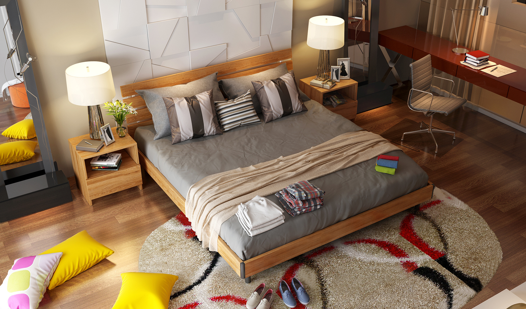 美式风格三居室经济型卧室床效果图_齐家网装修效果图
