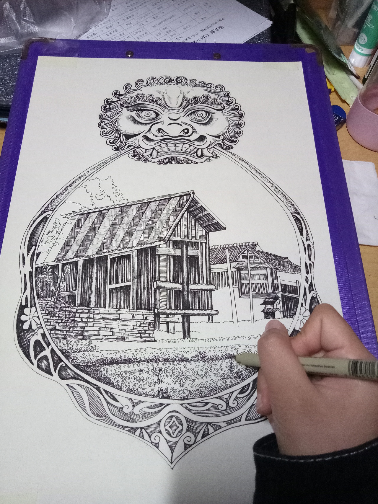 黑白插画土家族吊脚楼恩施